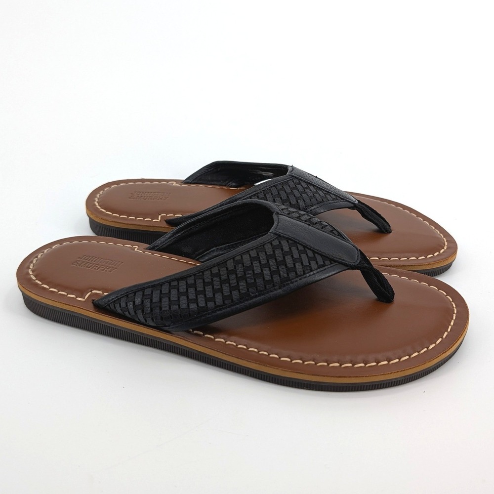 NWOT Johnston & Murphy Woven Leather Flip Flop Sandals Black Tan Mens 11M - Picture 3 of 5